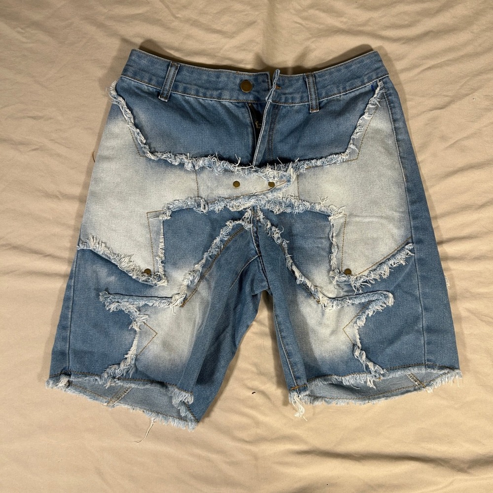 Shein Blue Patchwork Star Denim Shorts Frayed Raw Hem Distressed Size 28